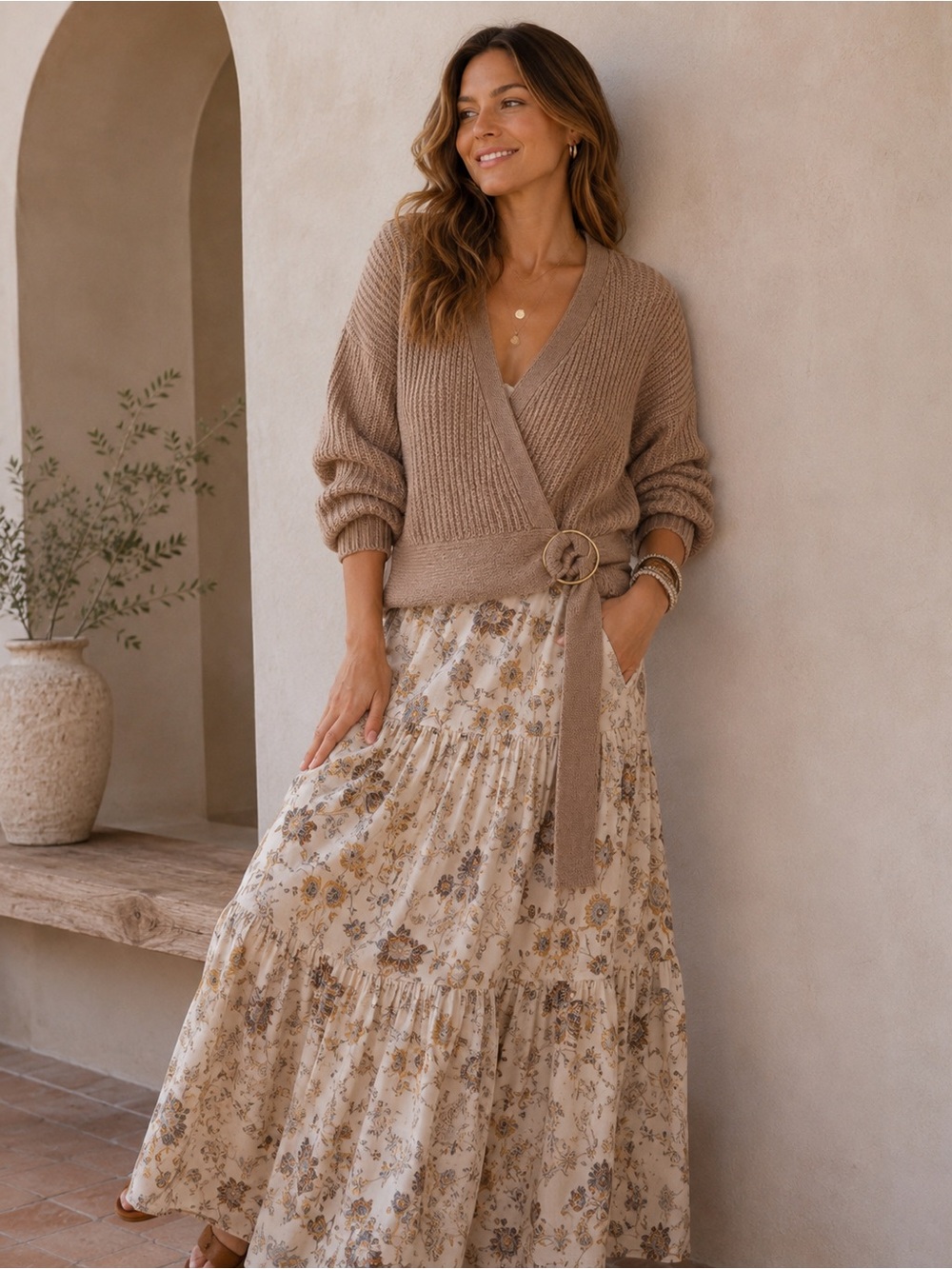 Design History Taupe Wrap Sweater with Belt